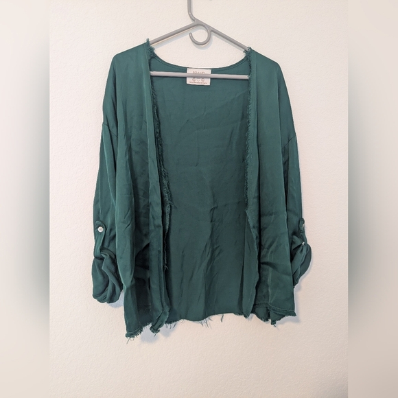 Brand Bazar Emerald Green Silk Fringe Open Front Roll-Tab Lightweight Cardigan - Picture 3 of 11